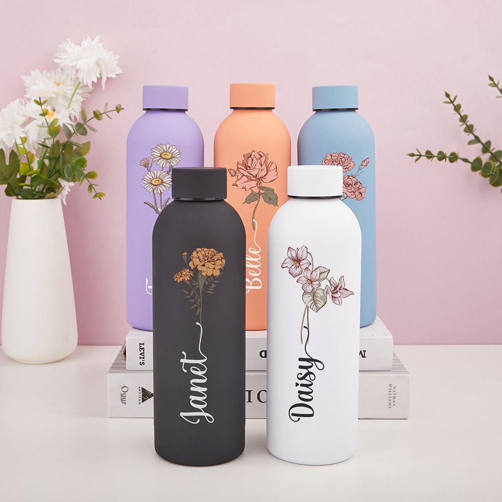 Flask Stainless Steel - زجاجة مياه مزخرفة بالزهور قابلة للتخصيص،