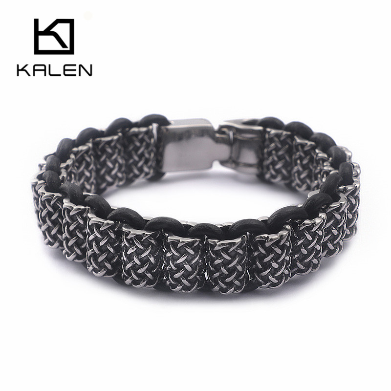Men Accessories Bd - KALEN خمر الأسود جلدية ربط أساور