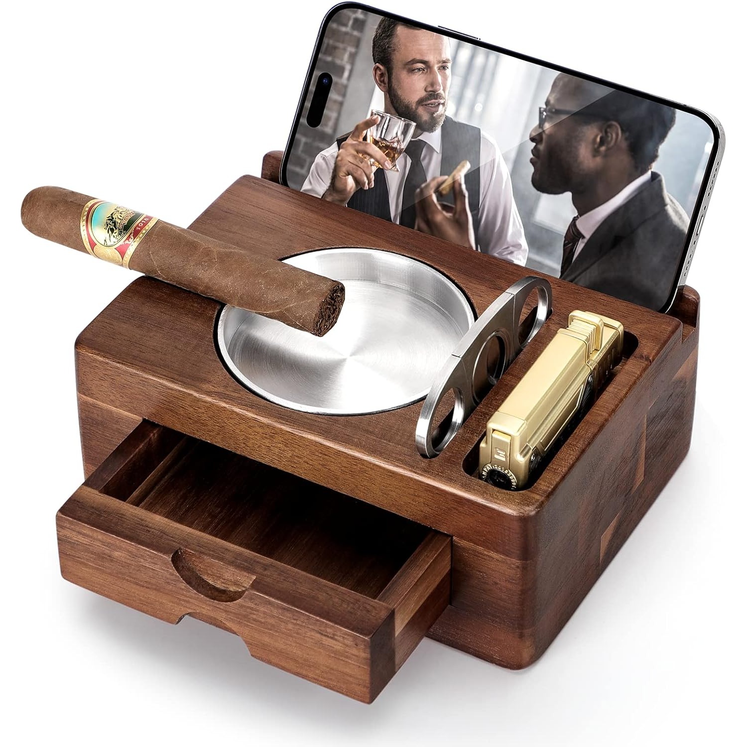 Men Accessories Drawer - منفضة سجائر خشبية مع حامل للهاتف