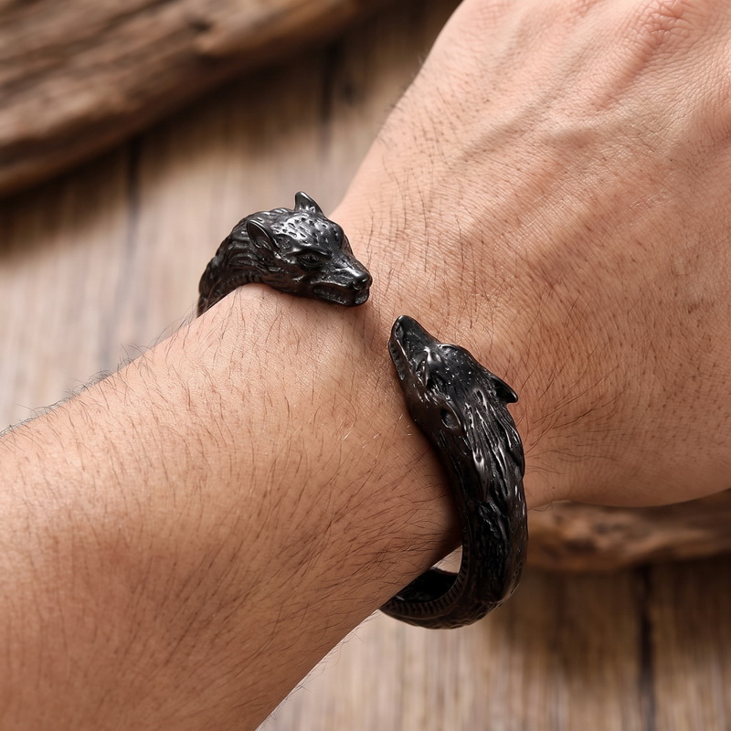 Men Accessories Bd - سوار رجالي بتصميم رأس ذئب مزدوج،