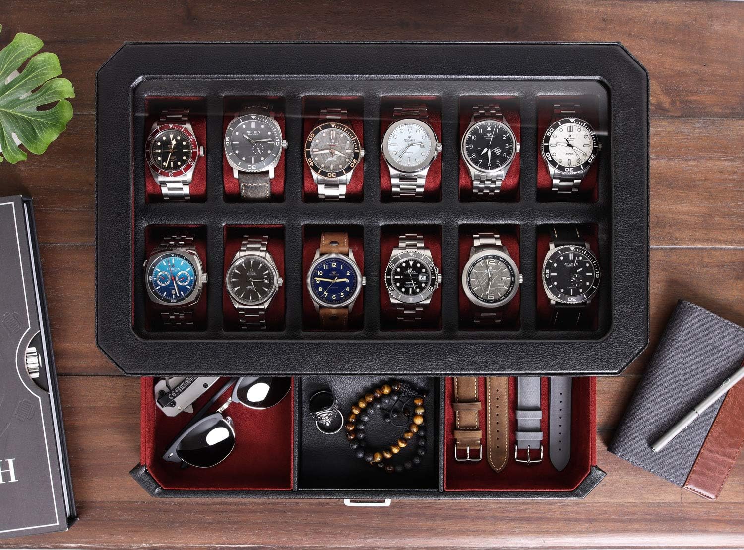 صندوق ساعات جلدي بـ 12 فتحة مع - مراجعة Men Accessories Drawer وسعره
